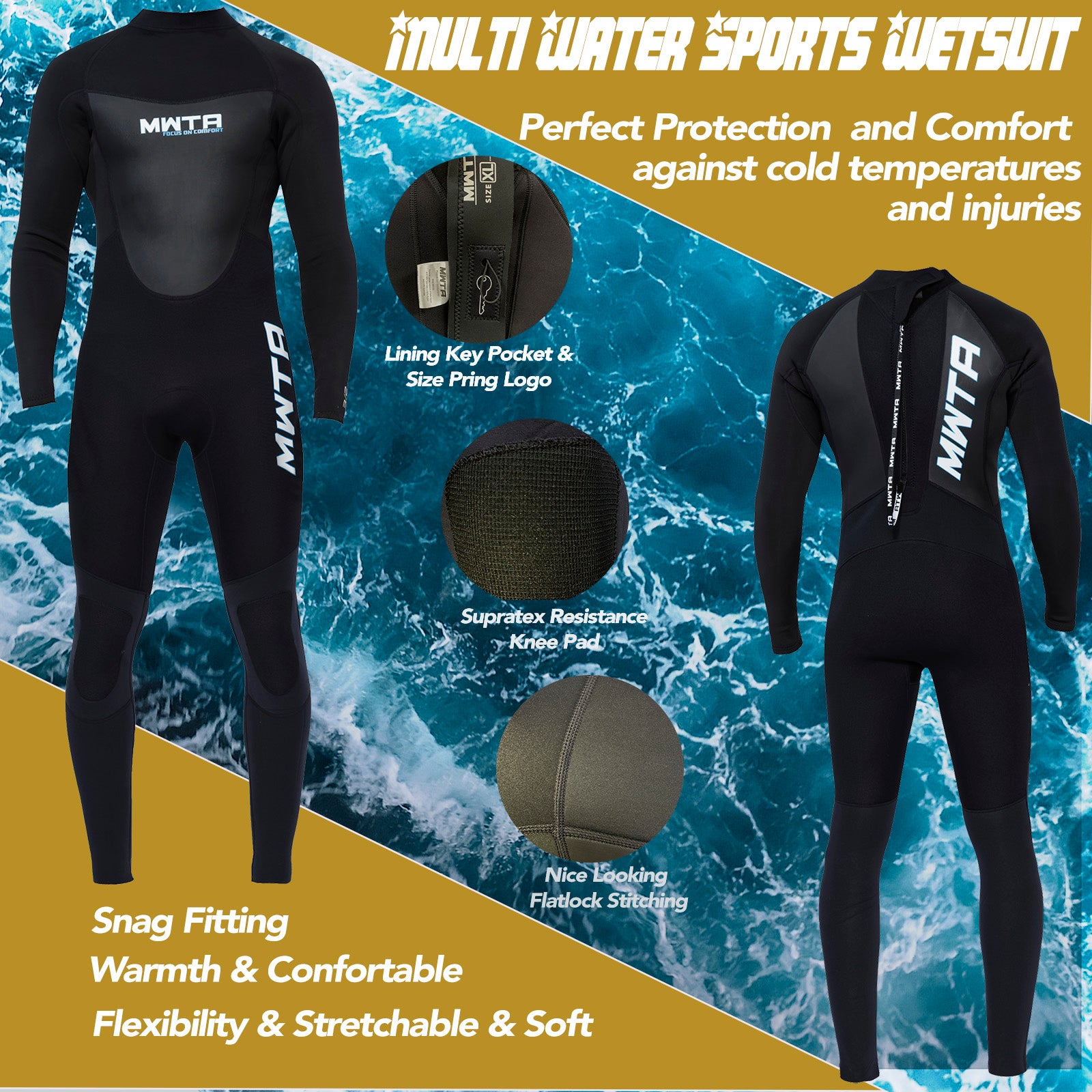 MWTA Men's 3/2mm Full Wetsuit Back Zip
