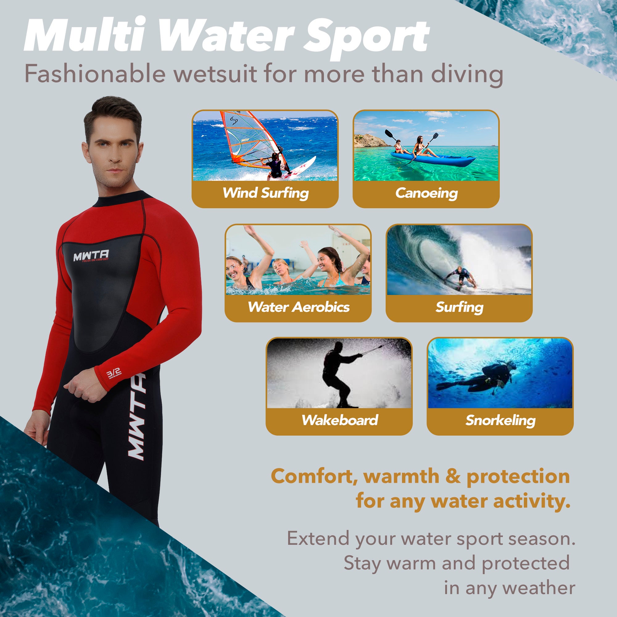 MWTA Men's 3/2mm Full Wetsuit Back Zip