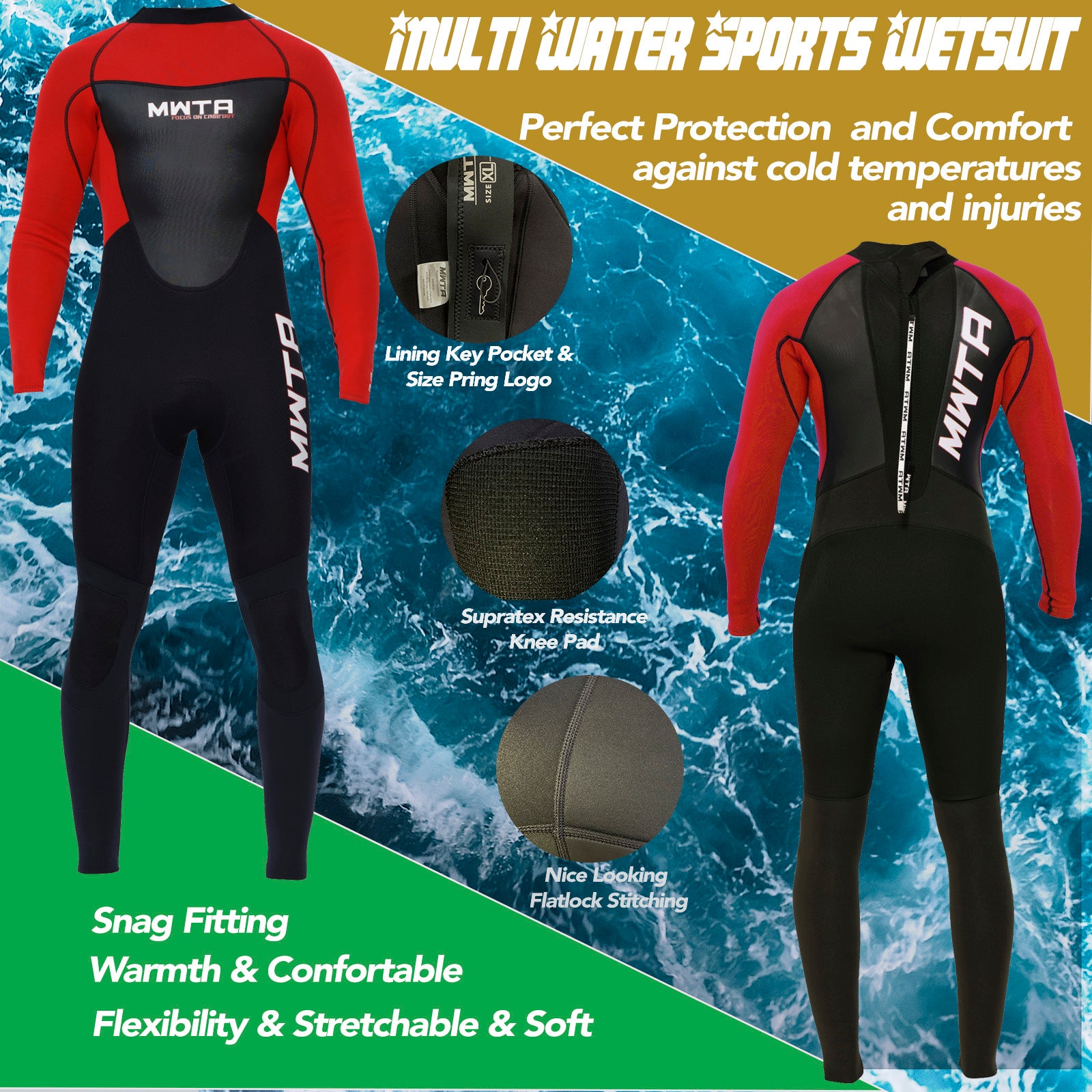MWTA Men's 3/2mm Full Wetsuit Back Zip