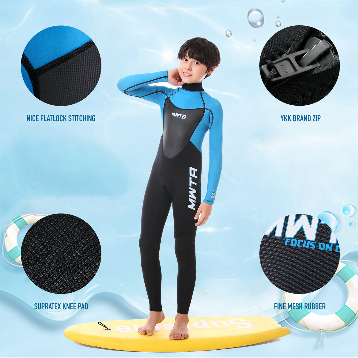 MWTA Kids' 3/2mm Back Zip Full Wetsuit