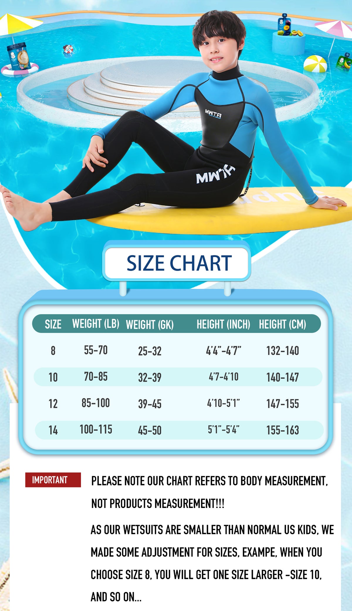 MWTA Kids' 3/2mm Back Zip Full Wetsuit