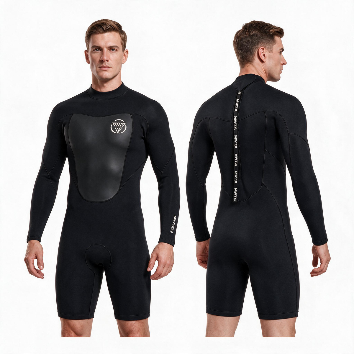MWTA Men's 2mm Spring Suit Wetsuit, Long Sleeve Back Zip Shorty — 2XL