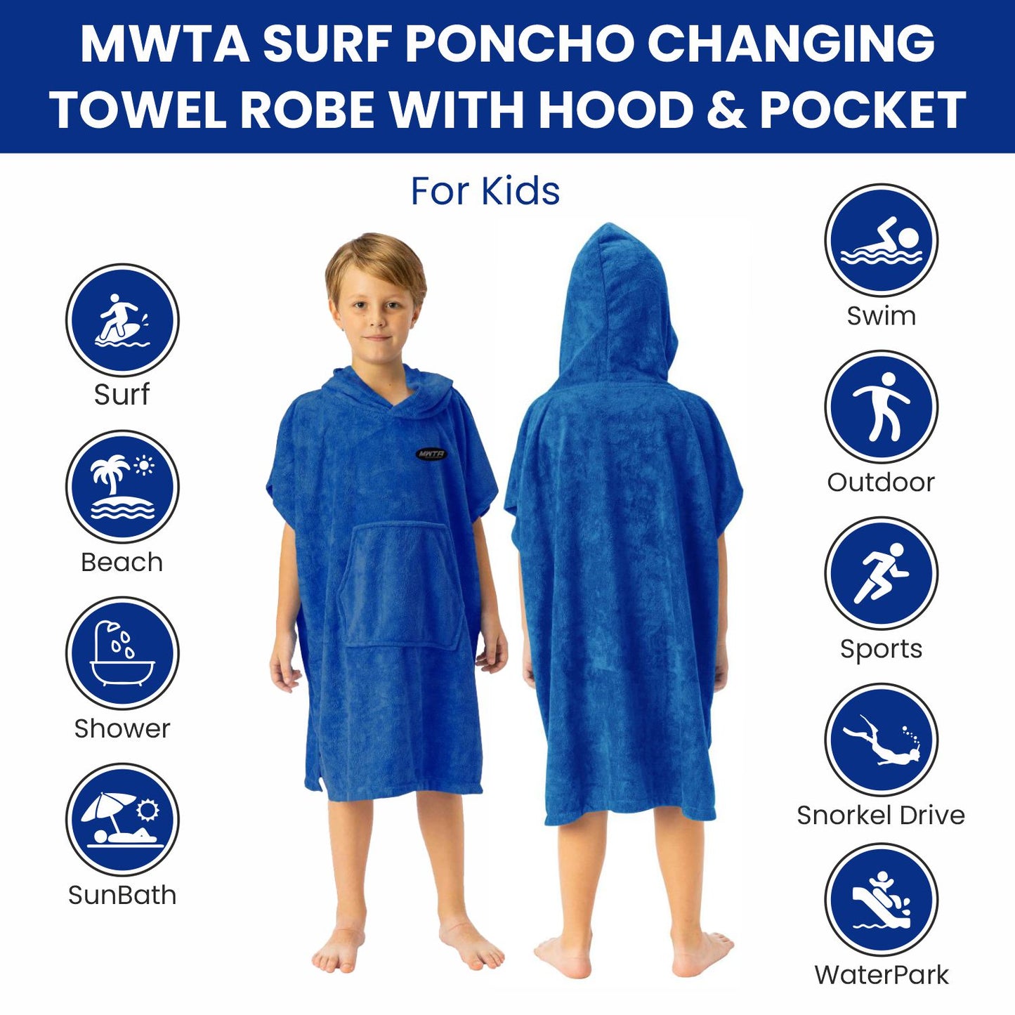 MWTA Surf Poncho for Kids with Hood,Changing Robe Beach Towel W/Outside Pocket - Outdoor, Surfing, Swimming, Bathing, Travelling, Pool (Angel Blue)…