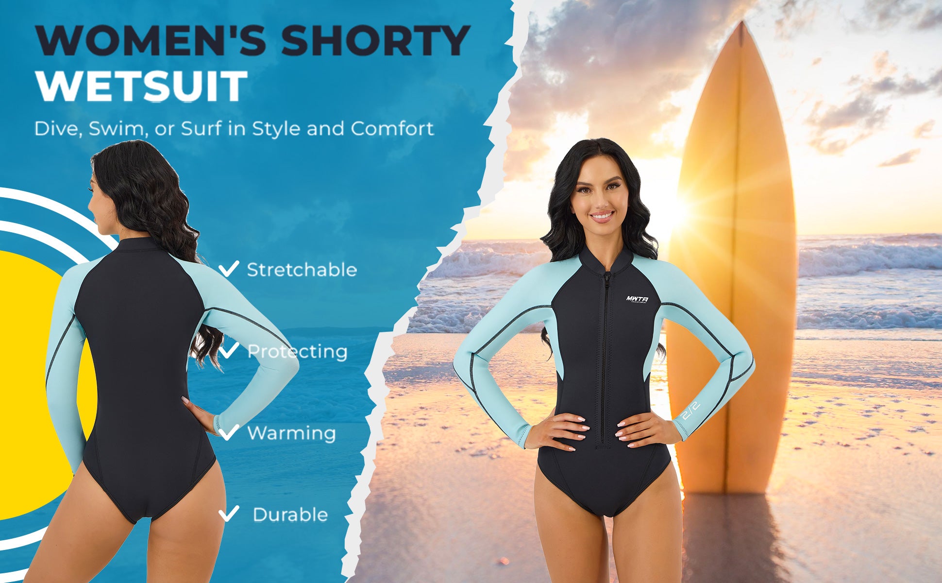 Women's 2mm Spring Suit Wetsuit Front Zip Colorblock | MWTA