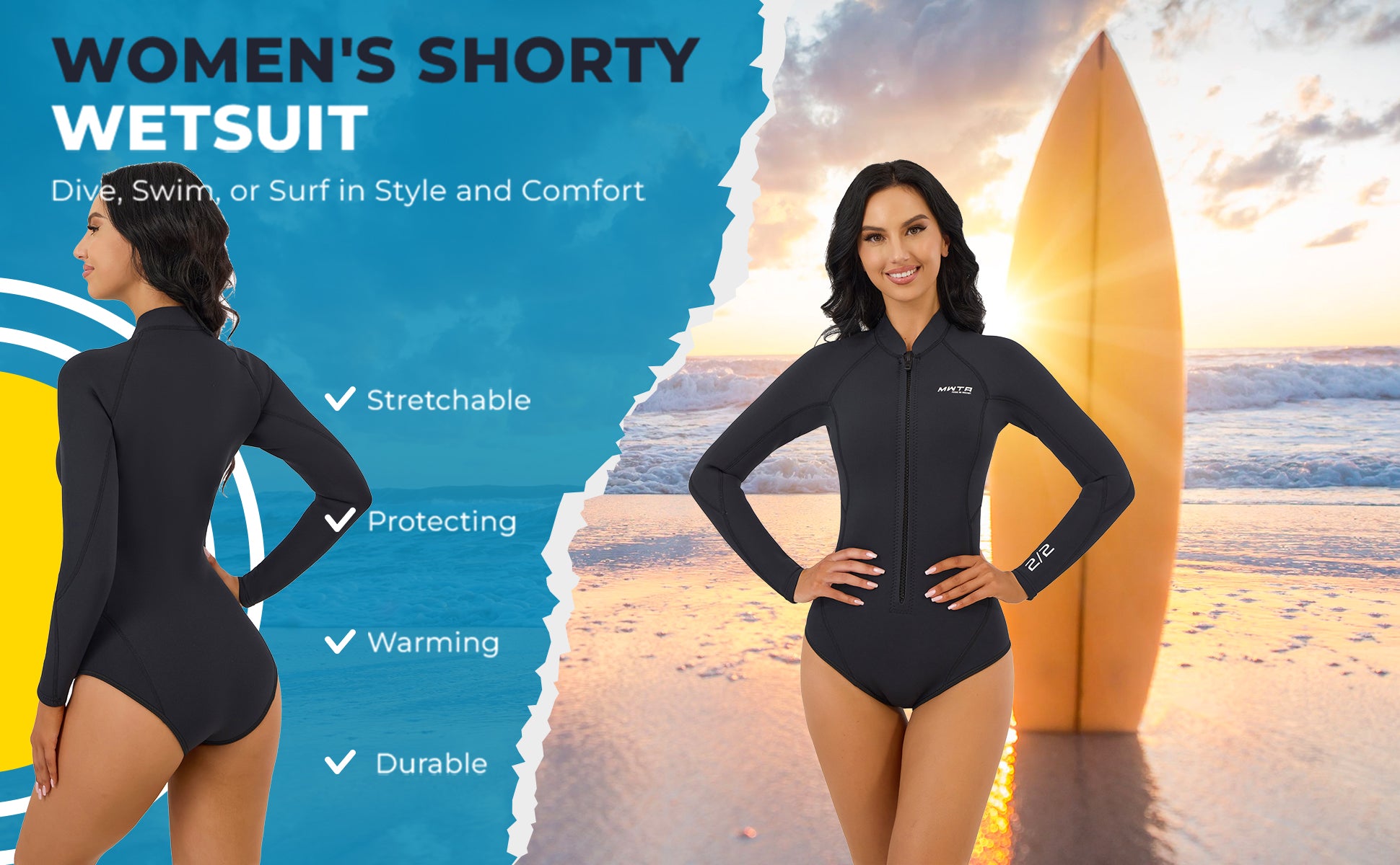 Women's 2mm Long Sleeve High Cut Spring Suit Wetsuit Front Zip | MWTA