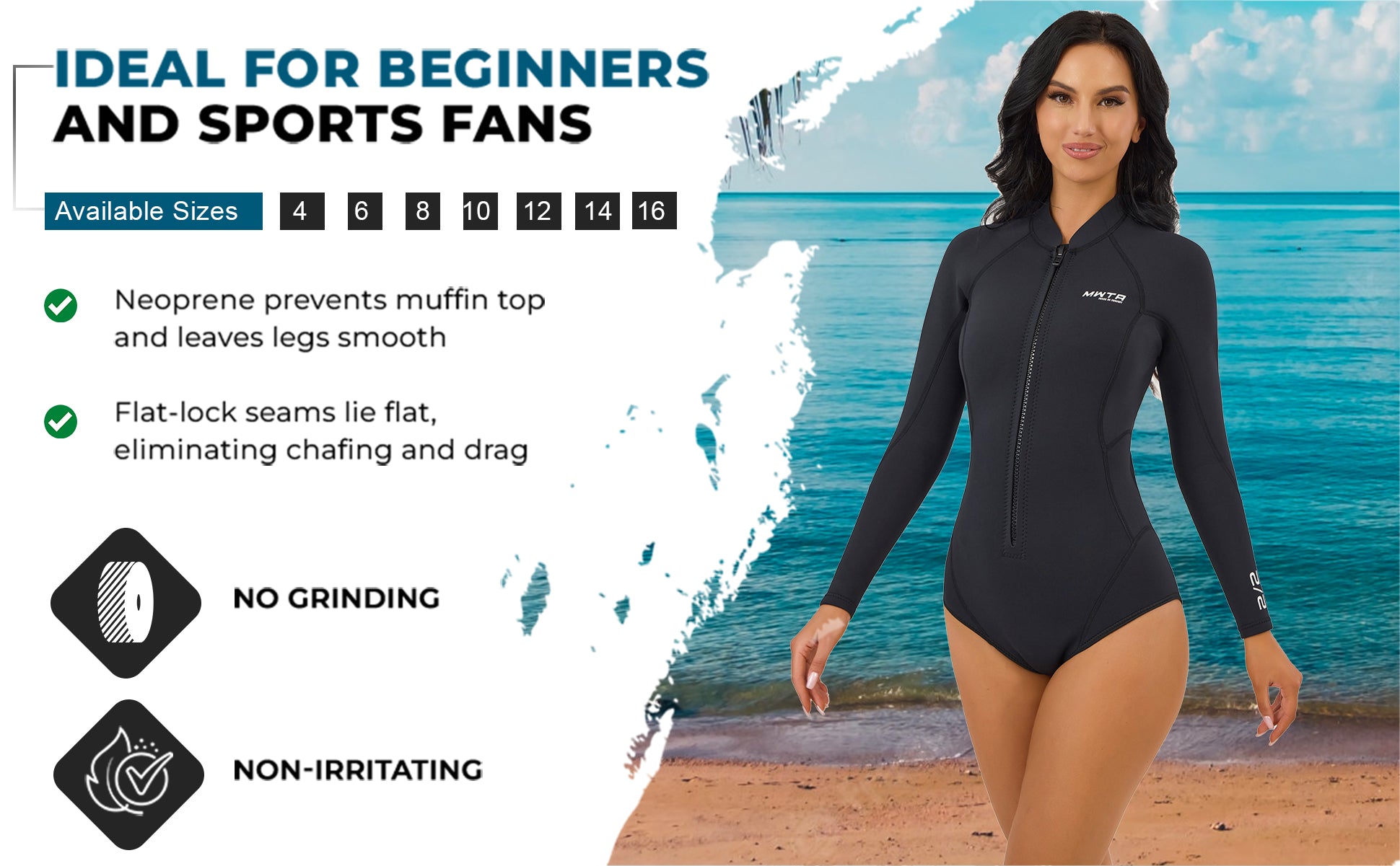 Women's 2mm Long Sleeve High Cut Spring Suit Wetsuit Front Zip | MWTA