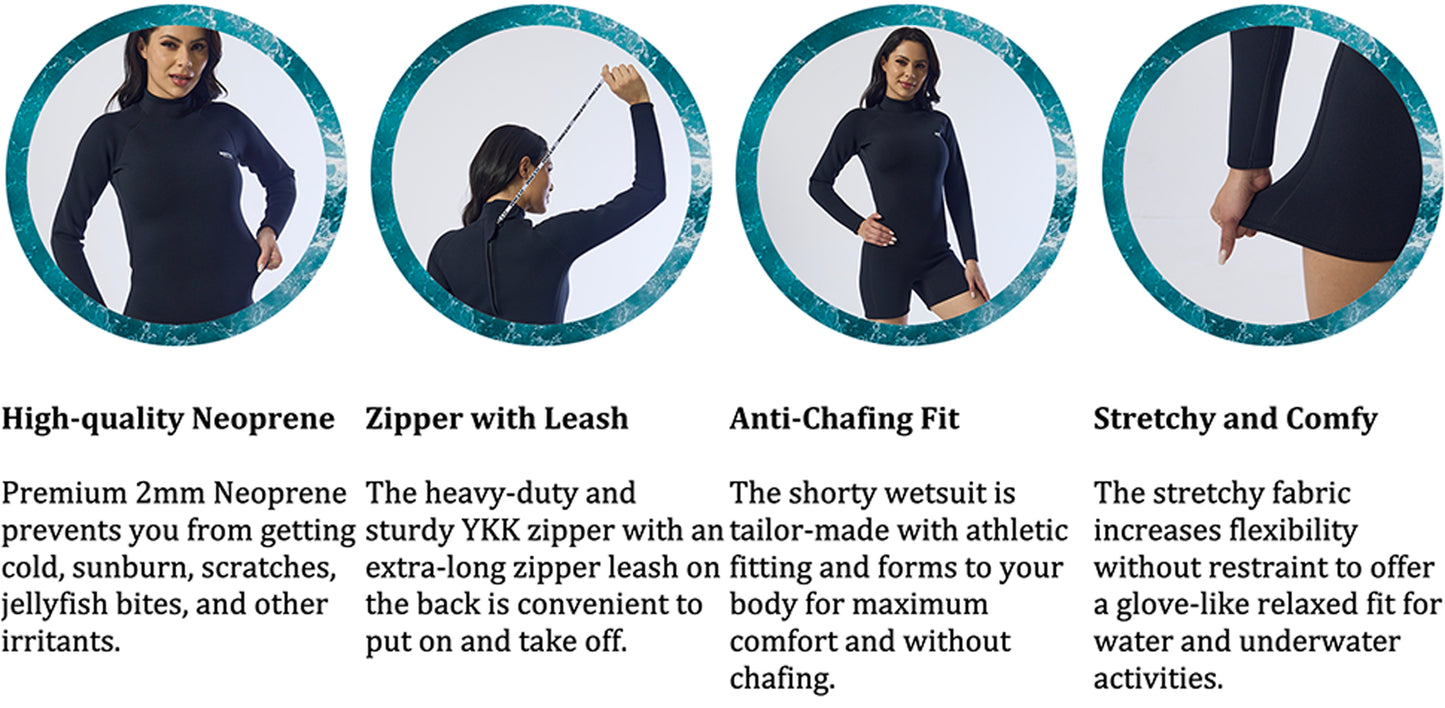 MWTA Womens Shorty Wetsuit, 2mm Neoprene Long Sleeve Swimsuit with Back Zip, Offers UV Protection, Wetsuit for Diving Snorkeling Swimming Surfing, Size 8