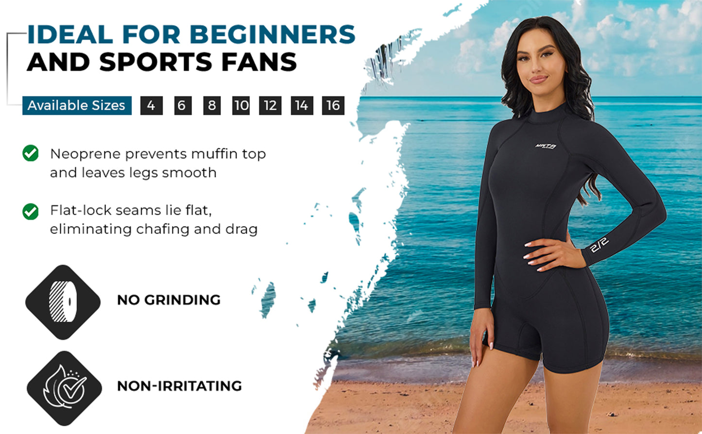 MWTA Womens Shorty Wetsuit, 2mm Neoprene Long Sleeve Swimsuit with Back Zip, Offers UV Protection, Wetsuit for Diving Snorkeling Swimming Surfing, Size 8