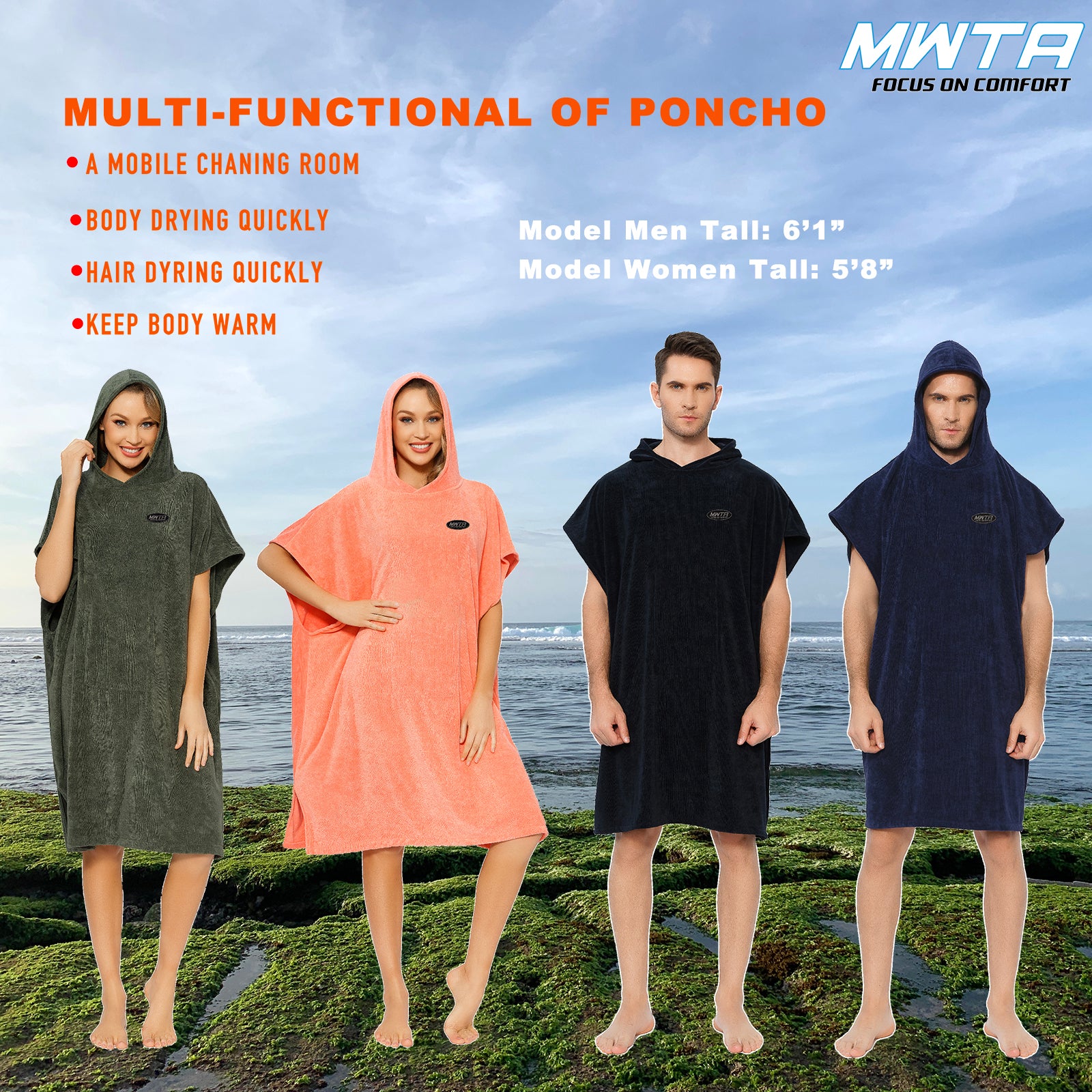 MWTA Mens and Women Hooded Surf Poncho