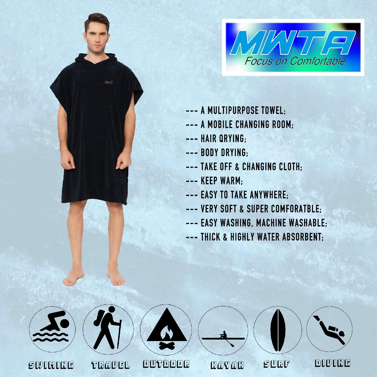 MWTA Mens and Women Hooded Surf Poncho