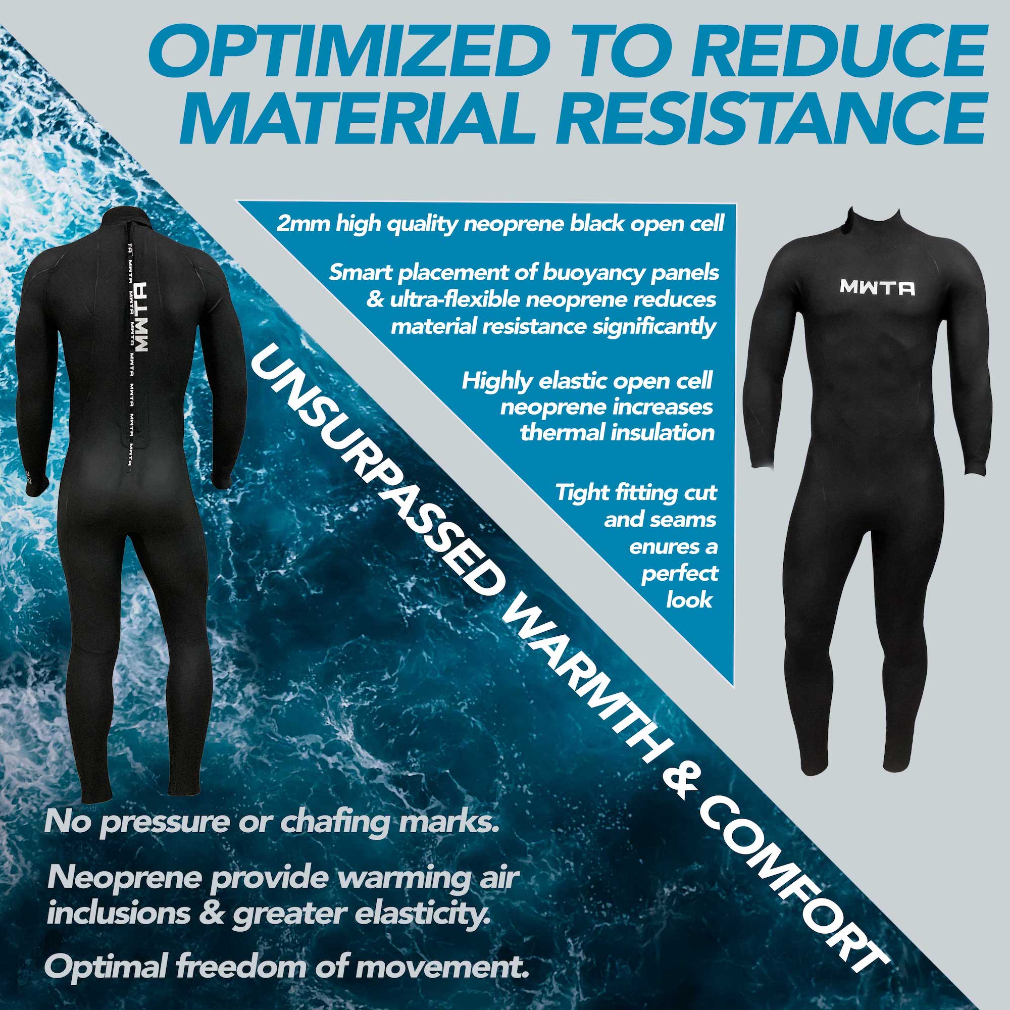 MWTA 2mm Back Zip Open Cell Wetsuit for Mens and Women